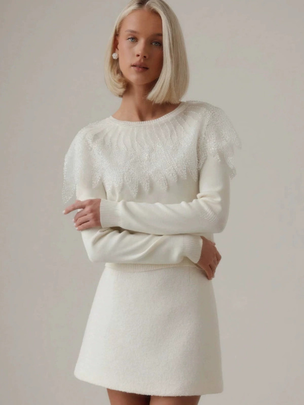 Zara Fall Round Neck Sequin Patchwork White Oversized Long Sleeve Sweater